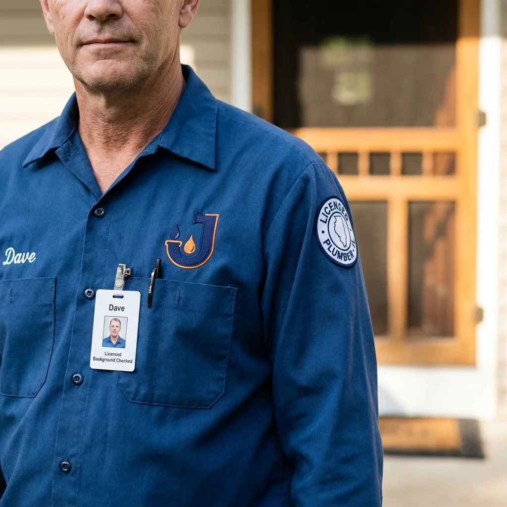 Licensed plumber showing ID badge in Monroeville, IN