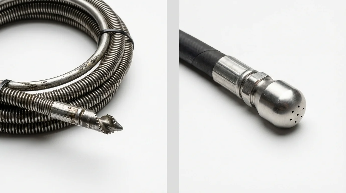 Drain snake cable and hydro jetting nozzle used for drain cleaning in Monroeville, IN