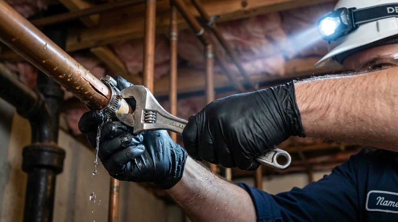 Emergency pipe clamp repair being performed by a Johns Plumbing LLC plumber in Monroeville