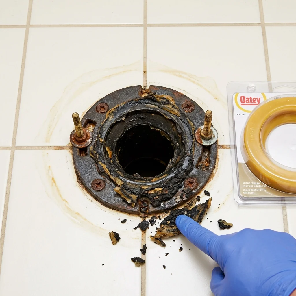 Failed wax ring showing water seepage at the base of a toilet in a Monroeville, IN home