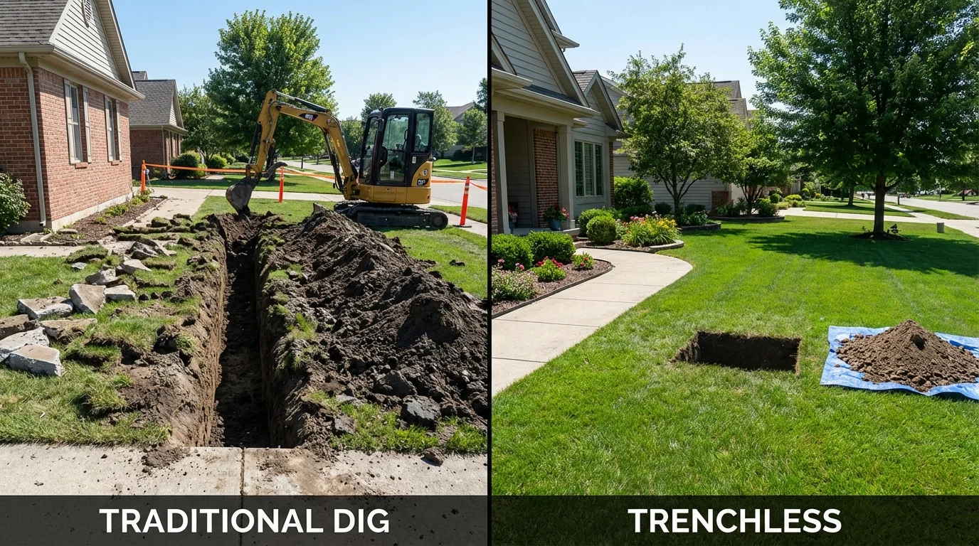 Trenchless sewer repair with minimal yard damage versus traditional excavation in Monroeville, IN