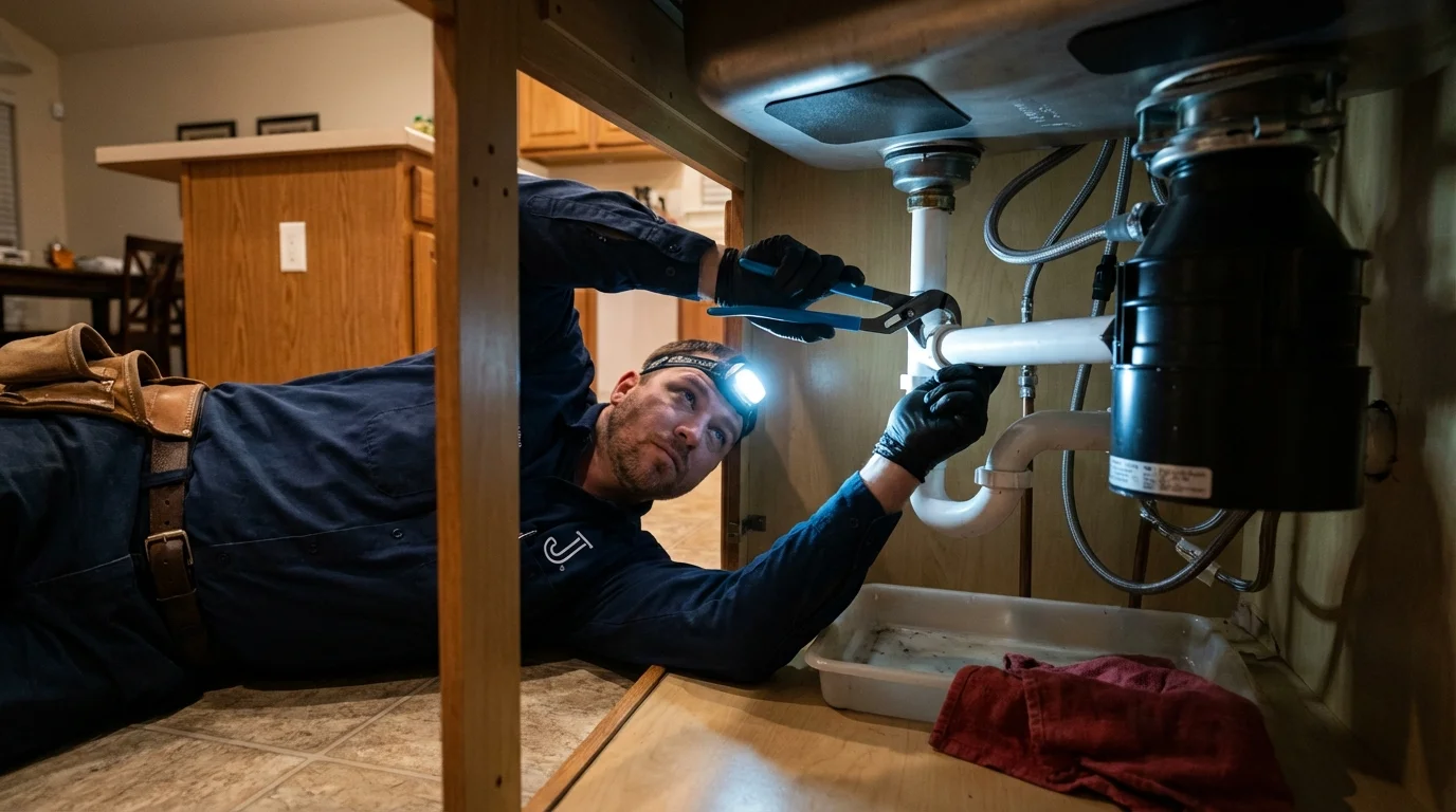P-trap and supply line connections under a kitchen sink showing a common leak point in Monroeville, IN